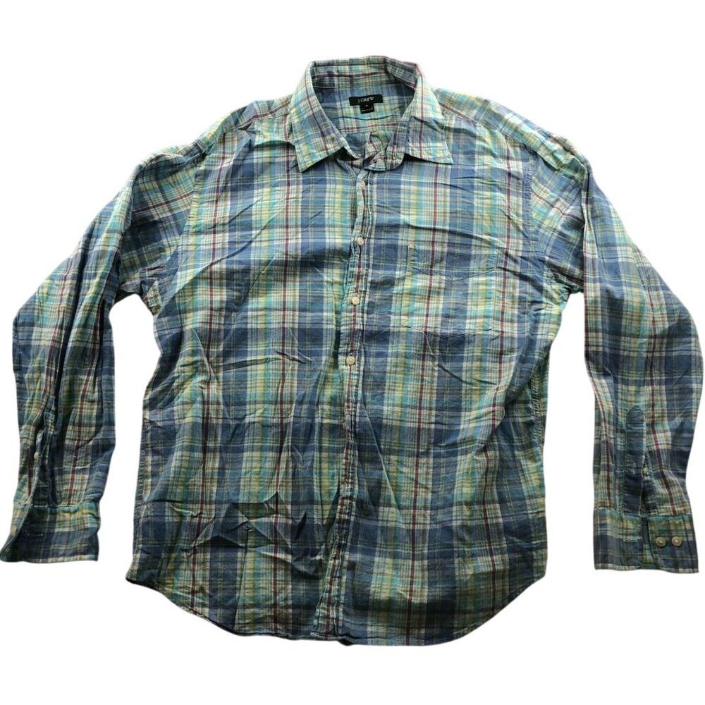 J.Crew Mens Shirt Size XL Plaid Long Sleeve Button Up Green Western Casual Y2K